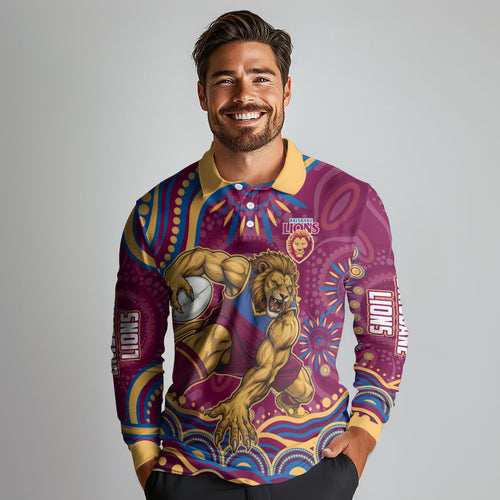 Personalized Brisbane Lions AFL Mascot Long Sleeve Polo Shirt Aboriginal Dot Art - Dreamtime Football Mascot
