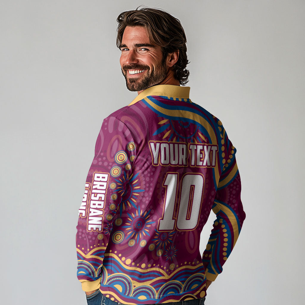 Personalized Brisbane Lions AFL Mascot Long Sleeve Polo Shirt Aboriginal Dot Art - Dreamtime Football Mascot
