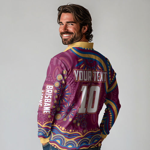 Personalized Brisbane Lions AFL Mascot Long Sleeve Polo Shirt Aboriginal Dot Art - Dreamtime Football Mascot