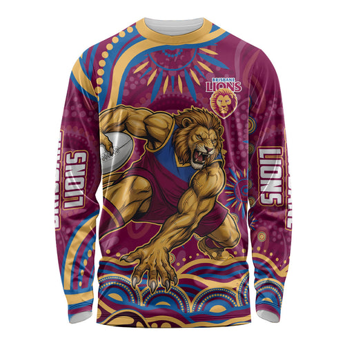 Personalized Brisbane Lions AFL Mascot Long Sleeve Shirt Aboriginal Dot Art - Dreamtime Football Mascot