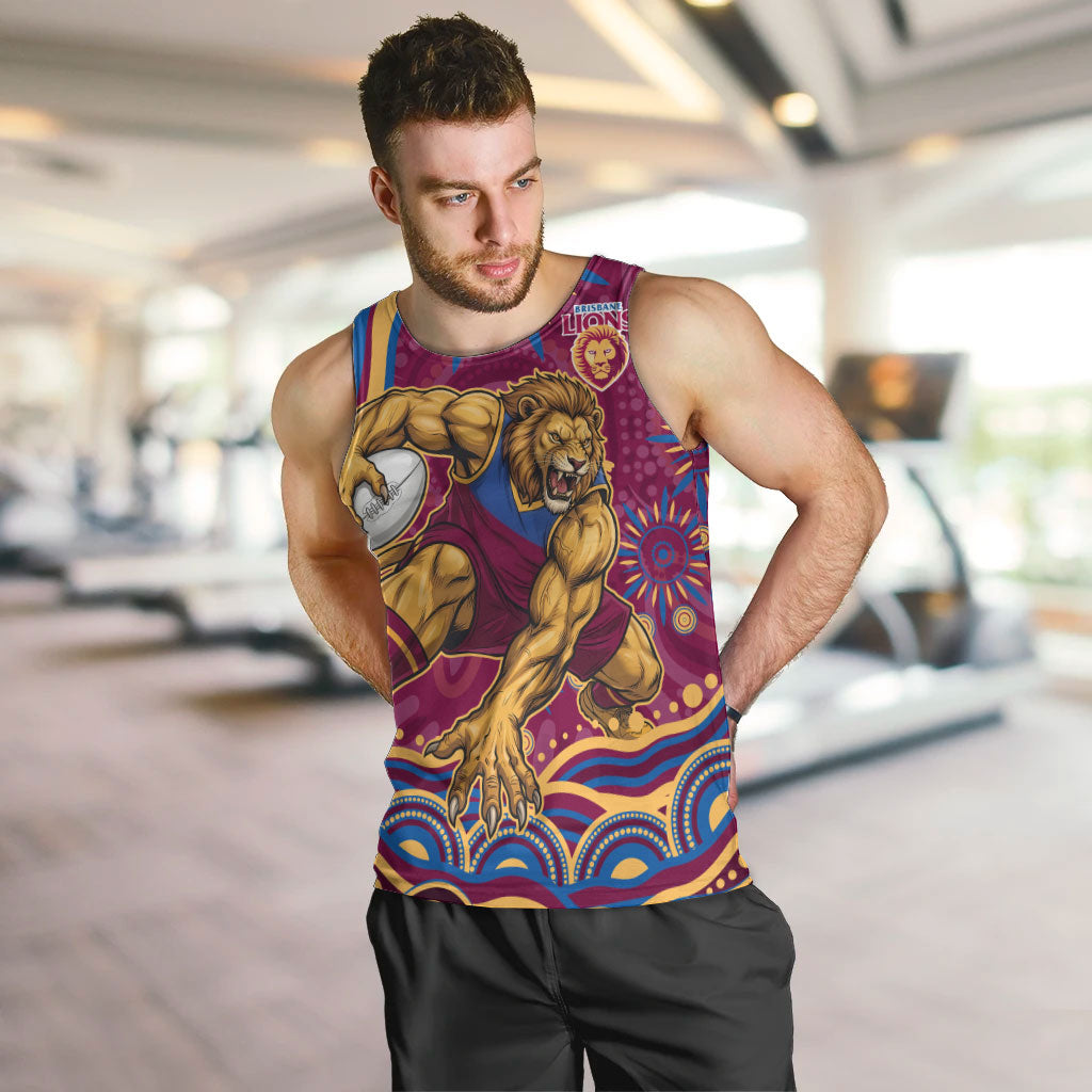 Personalized Brisbane Lions AFL Mascot Men Tank Top Aboriginal Dot Art - Dreamtime Football Mascot