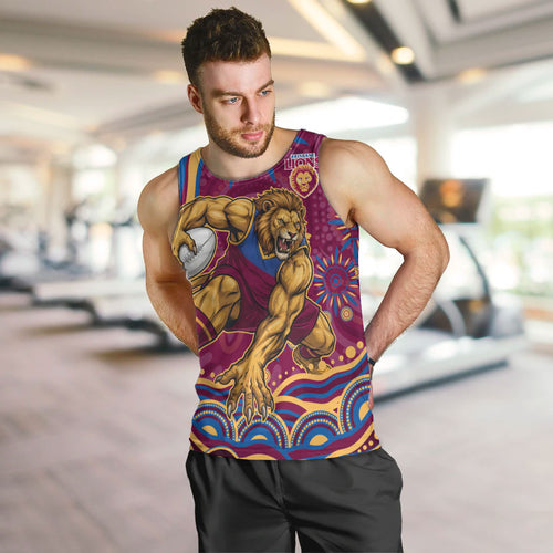 Personalized Brisbane Lions AFL Mascot Men Tank Top Aboriginal Dot Art - Dreamtime Football Mascot