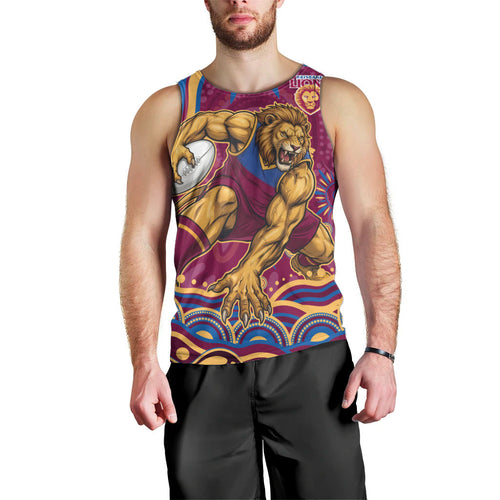 Personalized Brisbane Lions AFL Mascot Men Tank Top Aboriginal Dot Art - Dreamtime Football Mascot