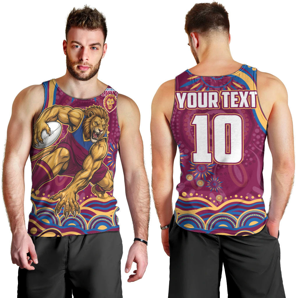 Personalized Brisbane Lions AFL Mascot Men Tank Top Aboriginal Dot Art - Dreamtime Football Mascot