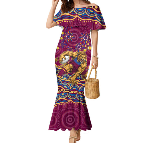 Personalized Brisbane Lions AFL Mascot Mermaid Dress Aboriginal Dot Art - Dreamtime Football Mascot