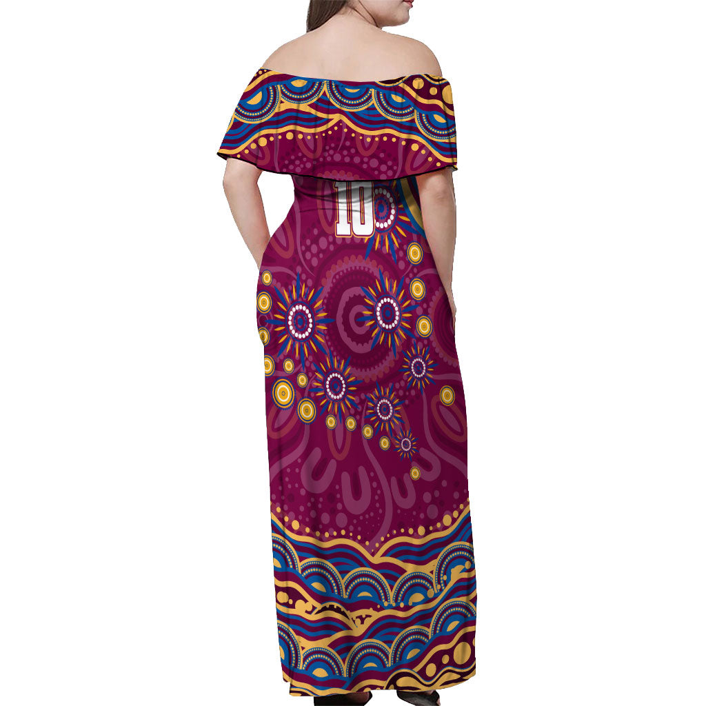 Personalized Brisbane Lions AFL Mascot Off Shoulder Maxi Dress Aboriginal Dot Art - Dreamtime Football Mascot