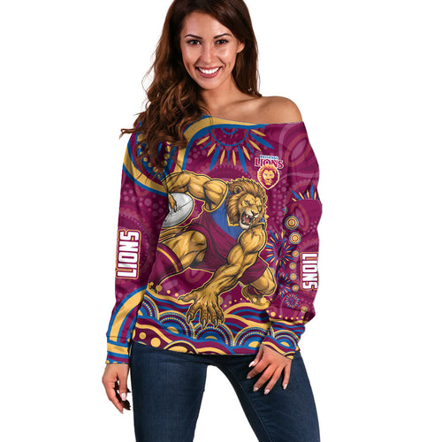 Personalized Brisbane Lions AFL Mascot Off Shoulder Sweater Aboriginal Dot Art - Dreamtime Football Mascot
