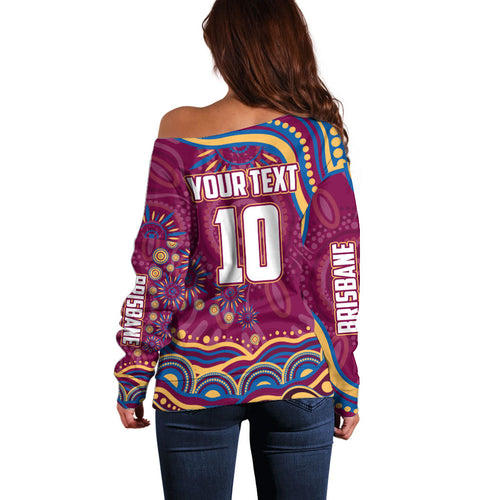 Personalized Brisbane Lions AFL Mascot Off Shoulder Sweater Aboriginal Dot Art - Dreamtime Football Mascot