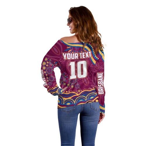Personalized Brisbane Lions AFL Mascot Off Shoulder Sweater Aboriginal Dot Art - Dreamtime Football Mascot