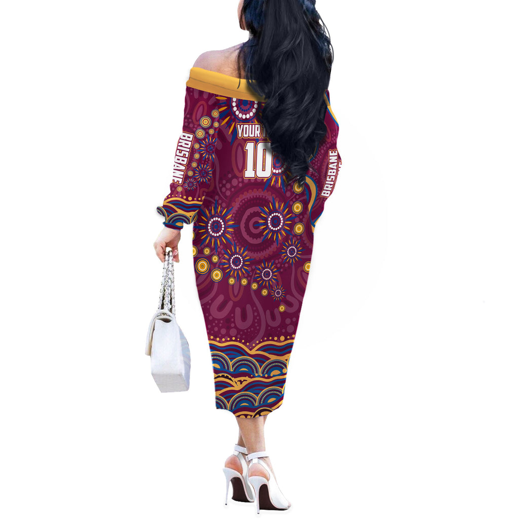 Personalized Brisbane Lions AFL Mascot Off The Shoulder Long Sleeve Dress Aboriginal Dot Art - Dreamtime Football Mascot
