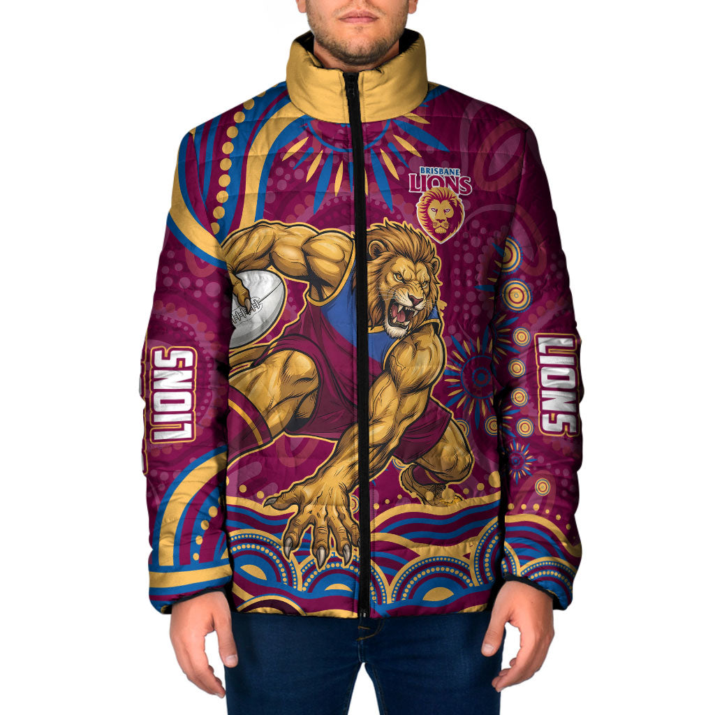 Personalized Brisbane Lions AFL Mascot Padded Jacket Aboriginal Dot Art - Dreamtime Football Mascot