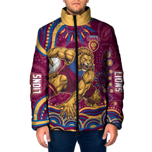 Personalized Brisbane Lions AFL Mascot Padded Jacket Aboriginal Dot Art - Dreamtime Football Mascot