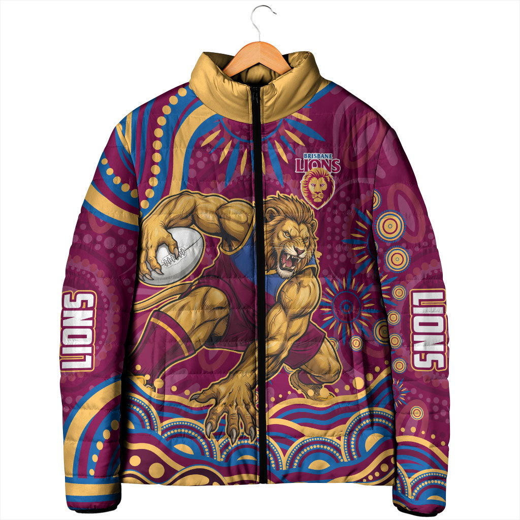 Personalized Brisbane Lions AFL Mascot Padded Jacket Aboriginal Dot Art - Dreamtime Football Mascot