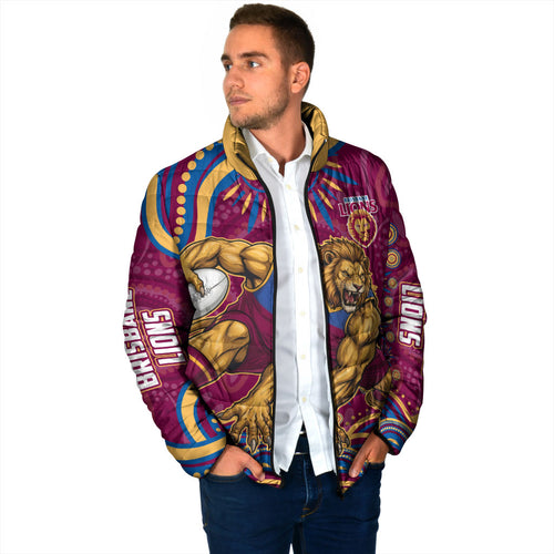 Personalized Brisbane Lions AFL Mascot Padded Jacket Aboriginal Dot Art - Dreamtime Football Mascot