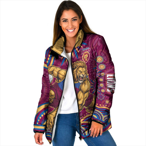 Personalized Brisbane Lions AFL Mascot Padded Jacket Aboriginal Dot Art - Dreamtime Football Mascot