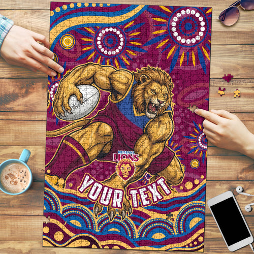 Personalized Brisbane Lions AFL Mascot Puzzle Aboriginal Dot Art - Dreamtime Football Mascot
