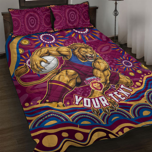 Personalized Brisbane Lions AFL Mascot Quilt Bed Set Aboriginal Dot Art - Dreamtime Football Mascot
