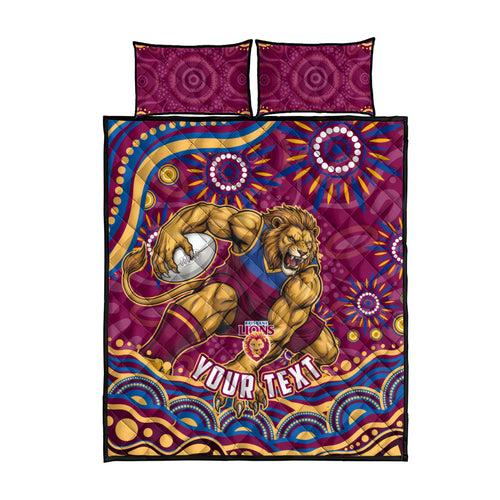 Personalized Brisbane Lions AFL Mascot Quilt Bed Set Aboriginal Dot Art - Dreamtime Football Mascot