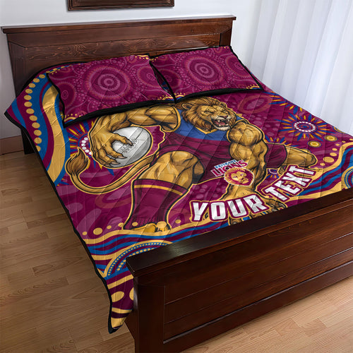 Personalized Brisbane Lions AFL Mascot Quilt Bed Set Aboriginal Dot Art - Dreamtime Football Mascot