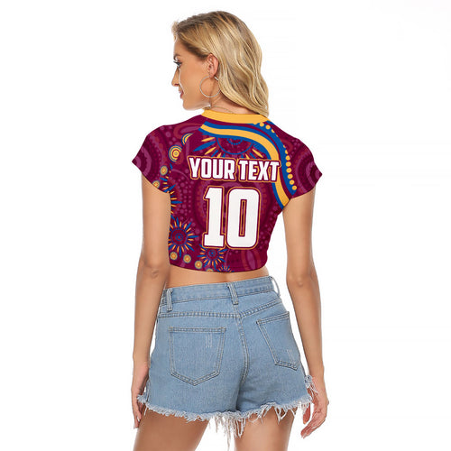 Personalized Brisbane Lions AFL Mascot Raglan Cropped T Shirt Aboriginal Dot Art - Dreamtime Football Mascot