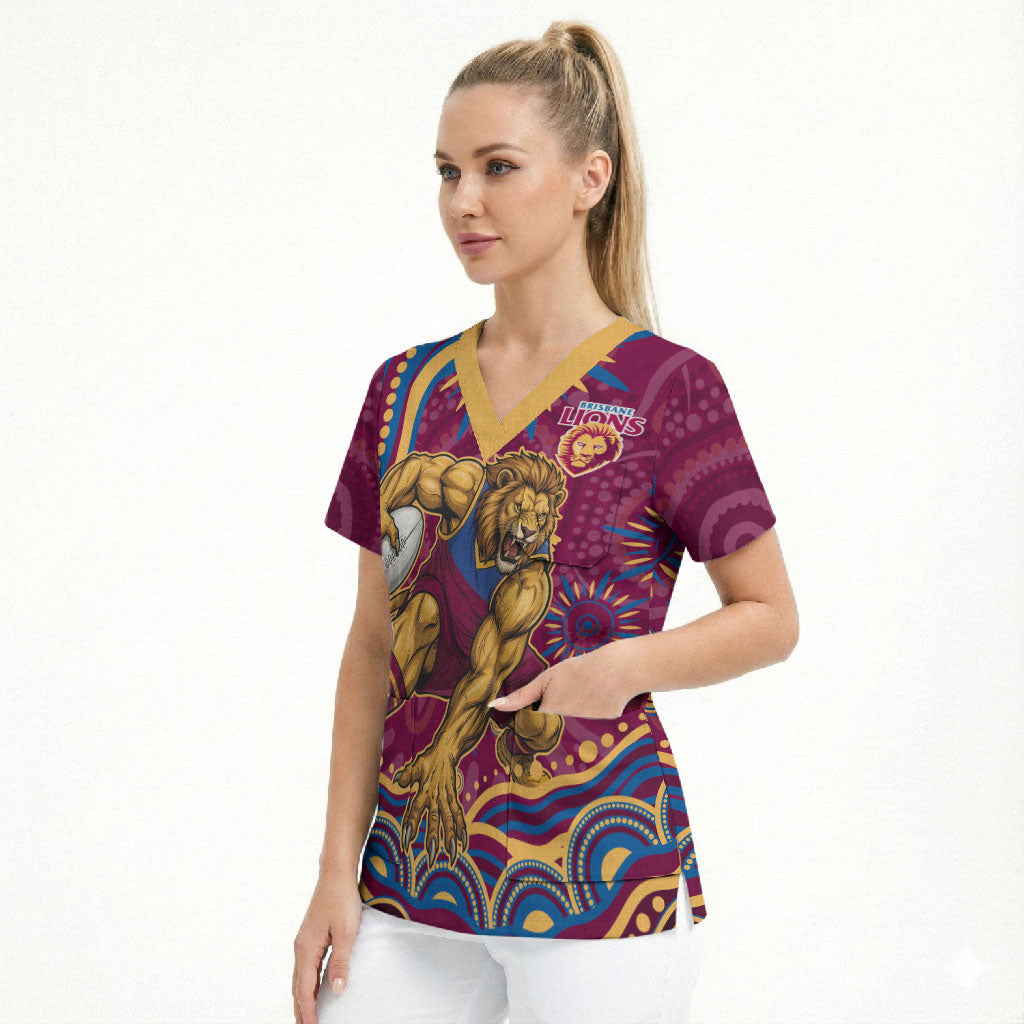 Personalized Brisbane Lions AFL Mascot Scrub Top Aboriginal Dot Art - Dreamtime Football Mascot