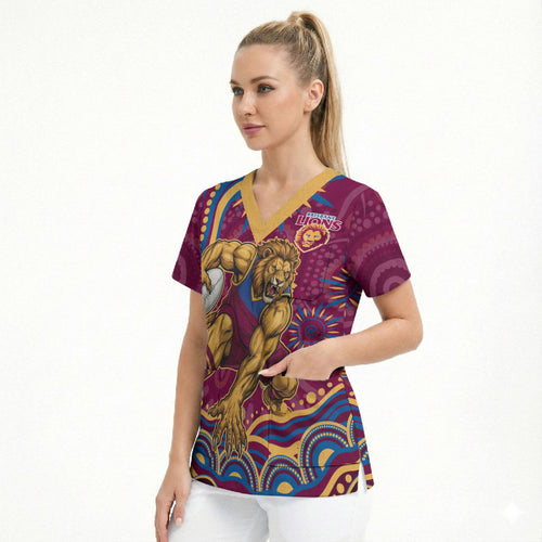 Personalized Brisbane Lions AFL Mascot Scrub Top Aboriginal Dot Art - Dreamtime Football Mascot