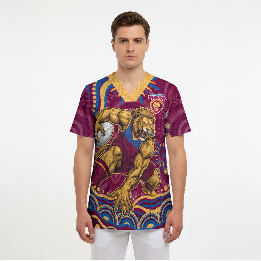 Personalized Brisbane Lions AFL Mascot Scrub Top Aboriginal Dot Art - Dreamtime Football Mascot