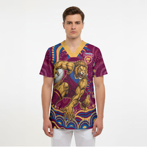 Personalized Brisbane Lions AFL Mascot Scrub Top Aboriginal Dot Art - Dreamtime Football Mascot