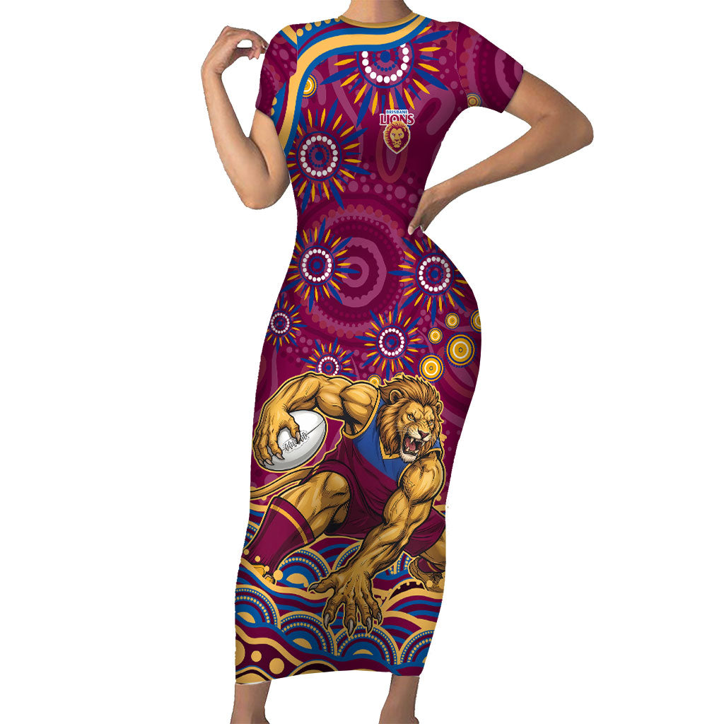 Personalized Brisbane Lions AFL Mascot Short Sleeve Bodycon Dress Aboriginal Dot Art - Dreamtime Football Mascot