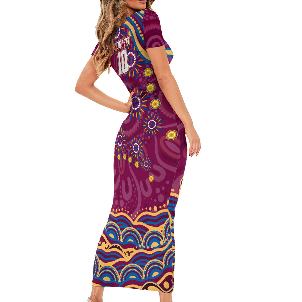 Personalized Brisbane Lions AFL Mascot Short Sleeve Bodycon Dress Aboriginal Dot Art - Dreamtime Football Mascot