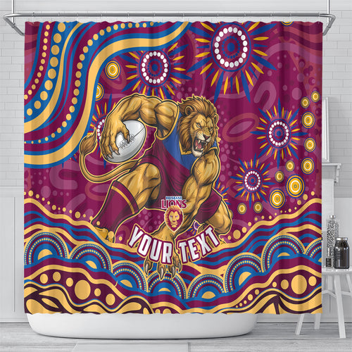 Personalized Brisbane Lions AFL Mascot Shower Curtain Aboriginal Dot Art - Dreamtime Football Mascot
