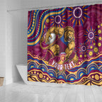 Personalized Brisbane Lions AFL Mascot Shower Curtain Aboriginal Dot Art - Dreamtime Football Mascot