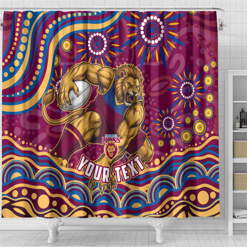 Personalized Brisbane Lions AFL Mascot Shower Curtain Aboriginal Dot Art - Dreamtime Football Mascot