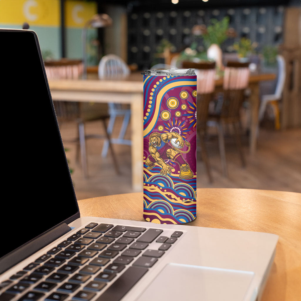 Personalized Brisbane Lions AFL Mascot Skinny Tumbler Aboriginal Dot Art - Dreamtime Football Mascot