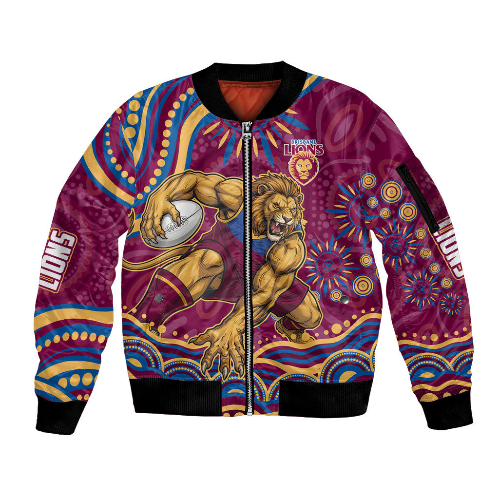 Personalized Brisbane Lions AFL Mascot Sleeve Zip Bomber Jacket Aboriginal Dot Art - Dreamtime Football Mascot
