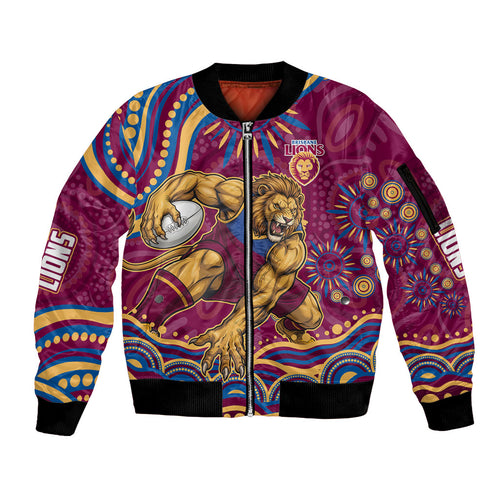 Personalized Brisbane Lions AFL Mascot Sleeve Zip Bomber Jacket Aboriginal Dot Art - Dreamtime Football Mascot