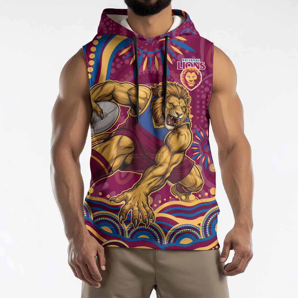 Personalized Brisbane Lions AFL Mascot Sleeveless Hoodie Aboriginal Dot Art - Dreamtime Football Mascot