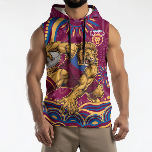Personalized Brisbane Lions AFL Mascot Sleeveless Hoodie Aboriginal Dot Art - Dreamtime Football Mascot