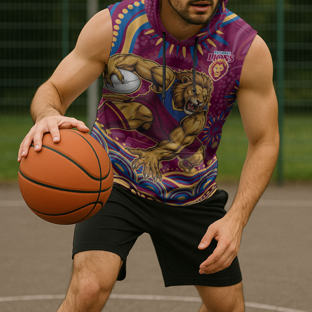 Personalized Brisbane Lions AFL Mascot Sleeveless Hoodie Aboriginal Dot Art - Dreamtime Football Mascot