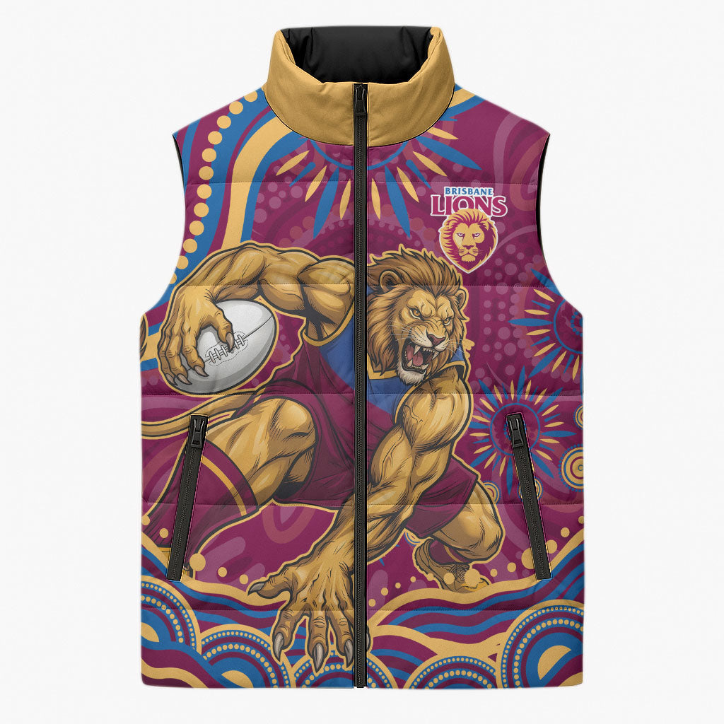 Personalized Brisbane Lions AFL Mascot Sleeveless Puffer Jacket Aboriginal Dot Art - Dreamtime Football Mascot