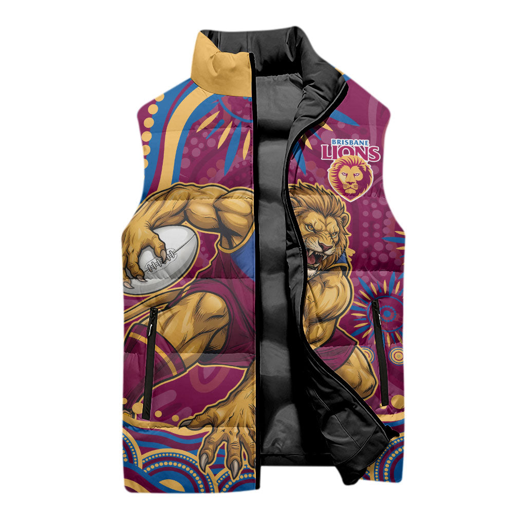 Personalized Brisbane Lions AFL Mascot Sleeveless Puffer Jacket Aboriginal Dot Art - Dreamtime Football Mascot