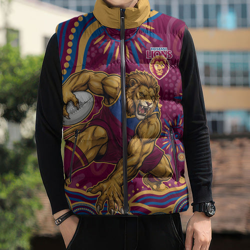 Personalized Brisbane Lions AFL Mascot Sleeveless Puffer Jacket Aboriginal Dot Art - Dreamtime Football Mascot