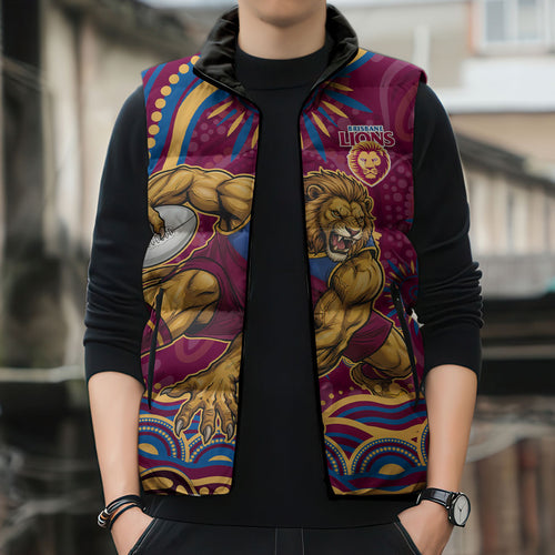Personalized Brisbane Lions AFL Mascot Sleeveless Puffer Jacket Aboriginal Dot Art - Dreamtime Football Mascot