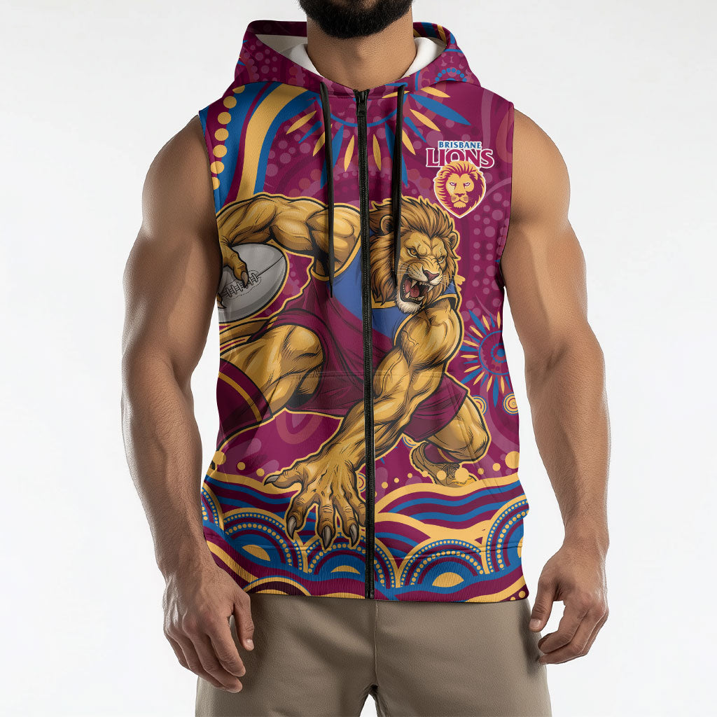 Personalized Brisbane Lions AFL Mascot Sleeveless Zip Hoodie Aboriginal Dot Art - Dreamtime Football Mascot
