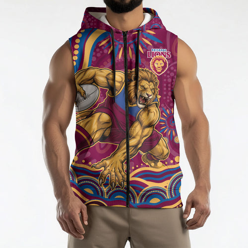 Personalized Brisbane Lions AFL Mascot Sleeveless Zip Hoodie Aboriginal Dot Art - Dreamtime Football Mascot