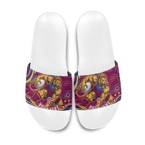 Personalized Brisbane Lions AFL Mascot Slide Sandals Aboriginal Dot Art - Dreamtime Football Mascot