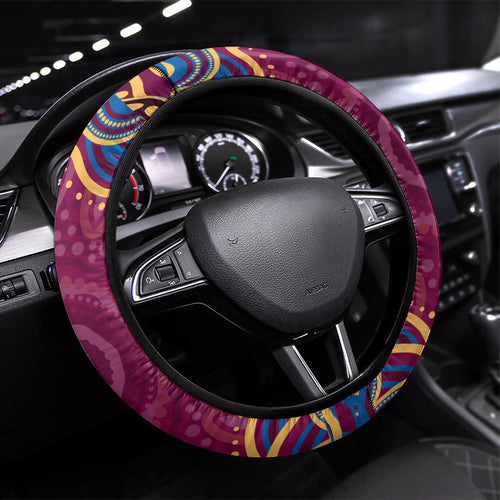 Brisbane Lions AFL Mascot Steering Wheel Cover Aboriginal Dot Art - Dreamtime Football Mascot