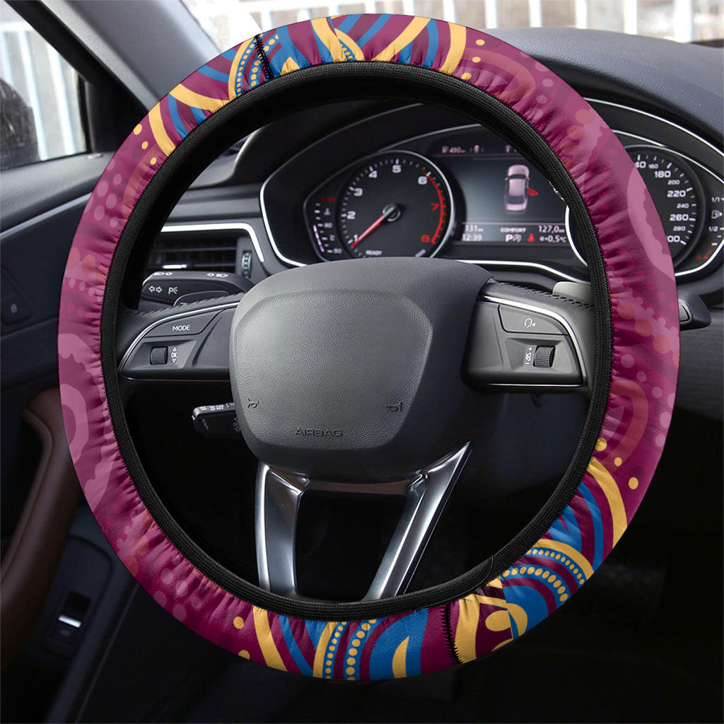 Brisbane Lions AFL Mascot Steering Wheel Cover Aboriginal Dot Art - Dreamtime Football Mascot