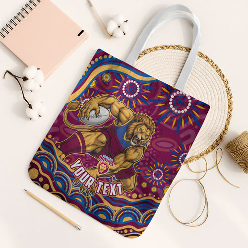Personalized Brisbane Lions AFL Mascot Tote Bag Aboriginal Dot Art - Dreamtime Football Mascot