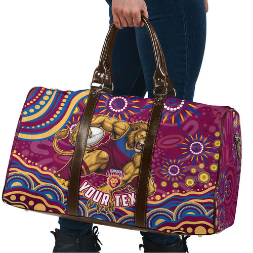 Personalized Brisbane Lions AFL Mascot Travel Bag Aboriginal Dot Art - Dreamtime Football Mascot